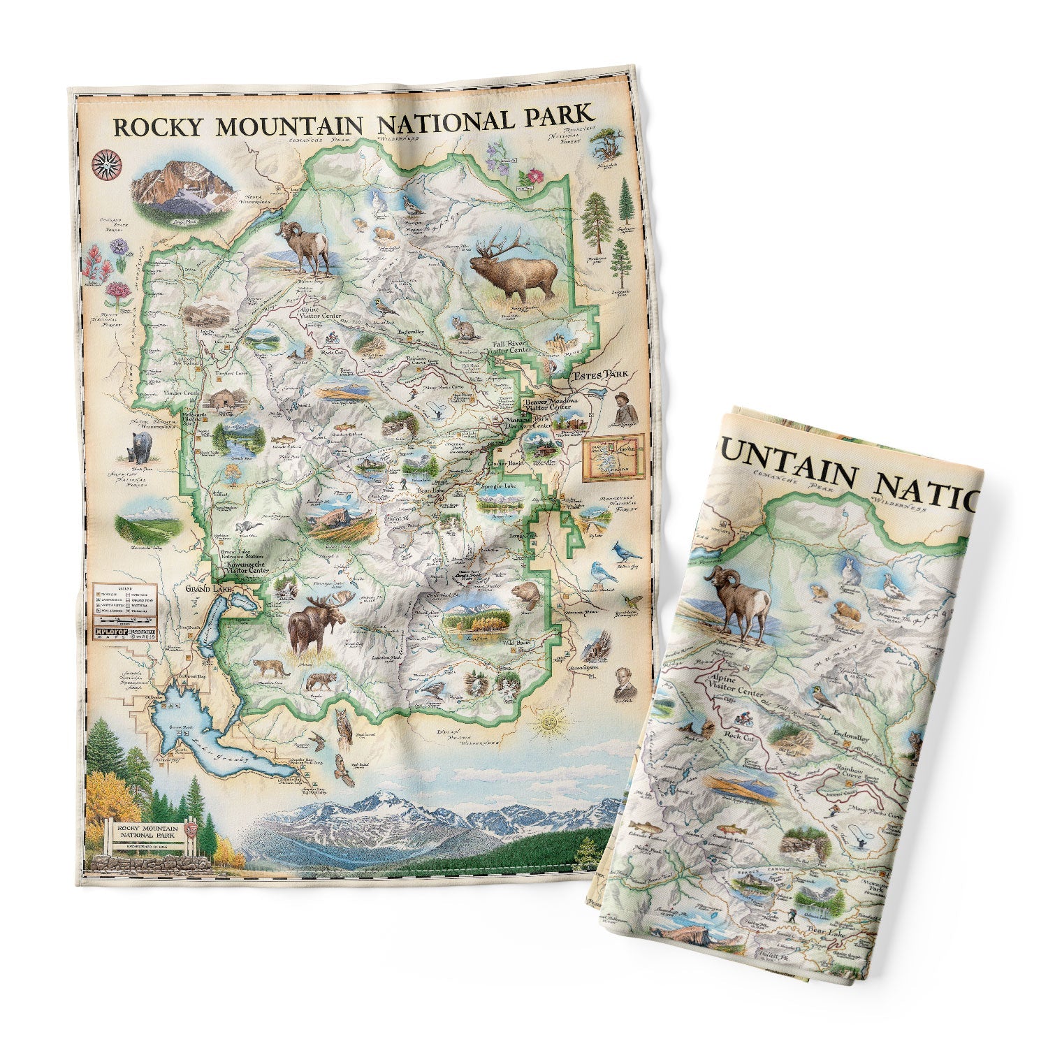 Rocky Mountain National Park Map Kitchen Dishwashing Towel in earth tones, green, yellow, and beige. Features illustrations of places like Trail Ridge Road, Mount Ganby, Estes Park, and the Alpine Visitor Center. Include bobcats, snowshoe hares, Indian paintbrushes, and wild roses.