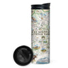 Rocky Mountain National Park Map 16 oz Travel Bottle in earth tones and blue. The map features illustrations of places like Trail Ridge Road, Mount Ganby, Estes Park, and the Alpine Visitor Center. Flora and fauna include bobcats, snowshoe hares, Indian paintbrushes, and wild roses.