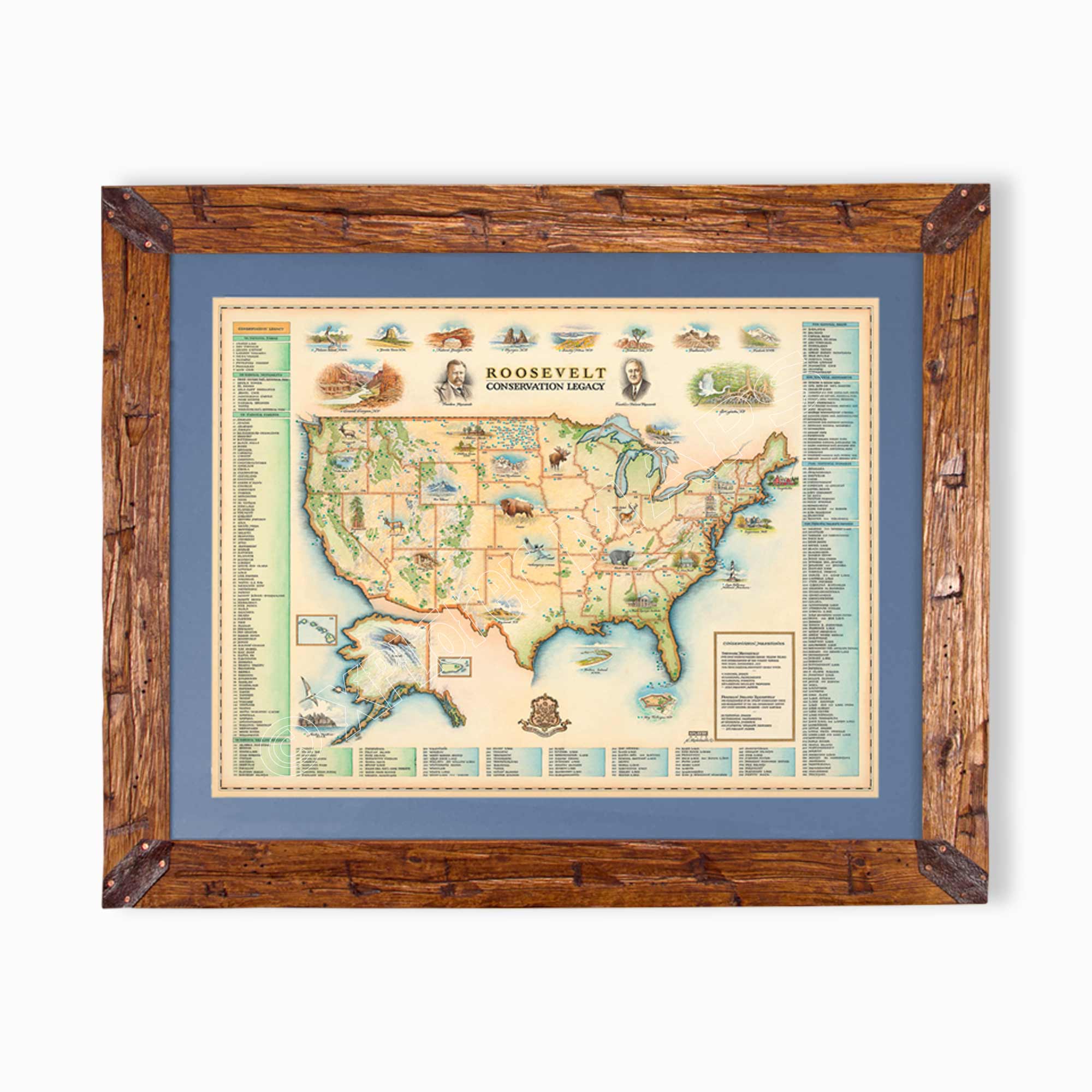 Roosevelt's USA Conservation Legacy hand-drawn map in earth tones blues and greens. The map print is framed in Montana hand-scraped pine with a blue mat.