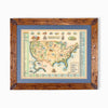 Roosevelt's USA Conservation Legacy hand-drawn map in earth tones blues and greens. The map print is framed in Montana hand-scraped pine with a blue mat.