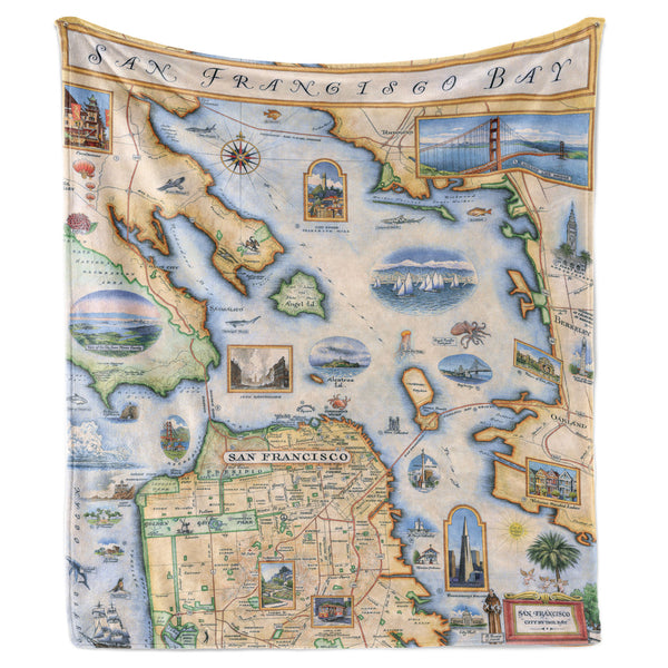 Hanging San Francisco blanket with map of the Bay. Cozy blanket with stunning artwork.