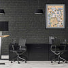 San Francisco Bay Map hanging on a black wall and black furniture office. The print is in a black frame with a gray mat.