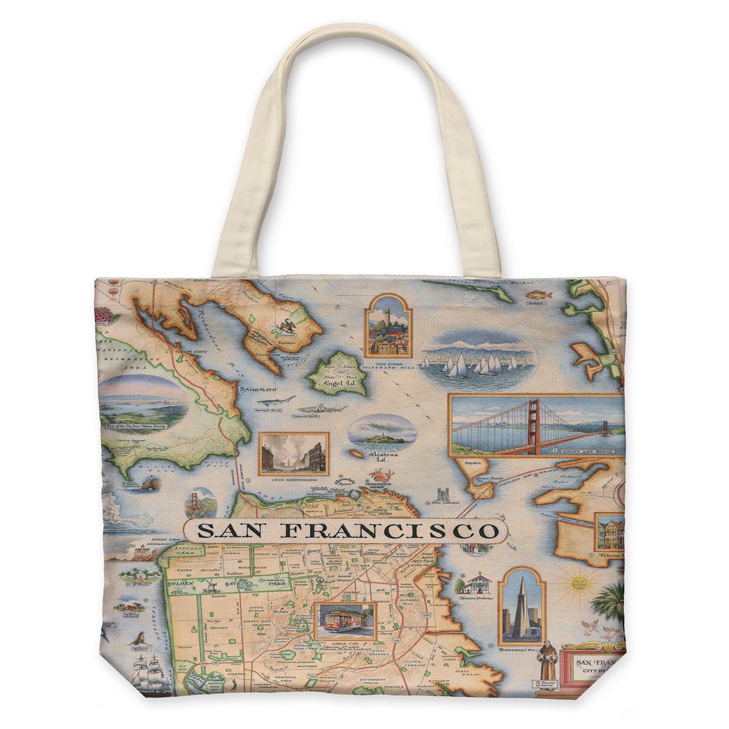 San Francisco Bay Map Canvas Tote Bags by Xplorer Maps. The map features illustrations of places such as Candlestick Park, Fisherman's Wharf, Transamerica Pyramid, and Alcatraz Island. Flora and fauna include octopus, crab, palm trees, and a dahlia.