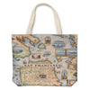 San Francisco Bay Map Canvas Tote Bags by Xplorer Maps. The map features illustrations of places such as Candlestick Park, Fisherman's Wharf, Transamerica Pyramid, and Alcatraz Island. Flora and fauna include octopus, crab, palm trees, and a dahlia.