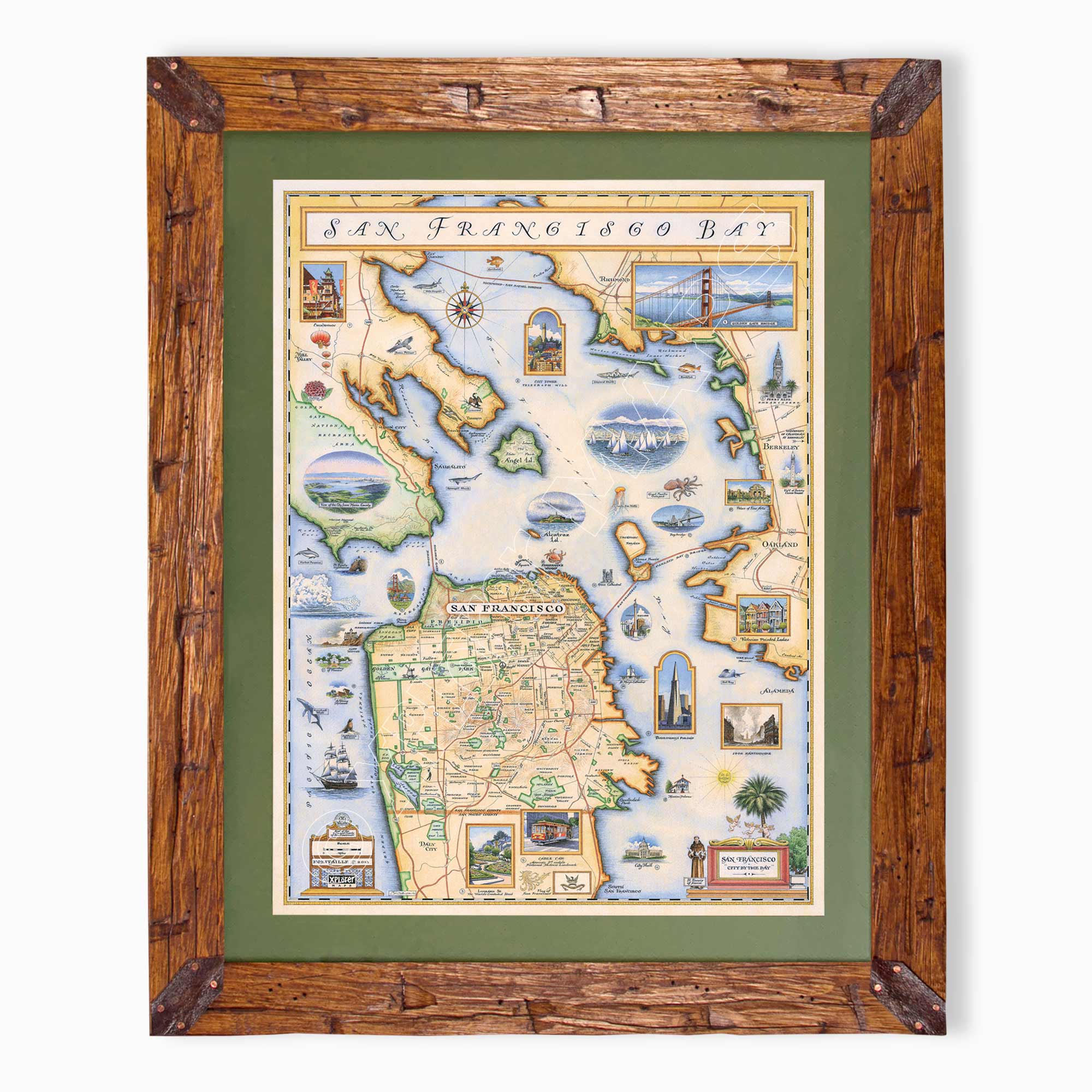 San Francisco Bay hand-drawn map in earth tones blues and greens. The map print is framed in Montana hand-scraped pine with a green mat.