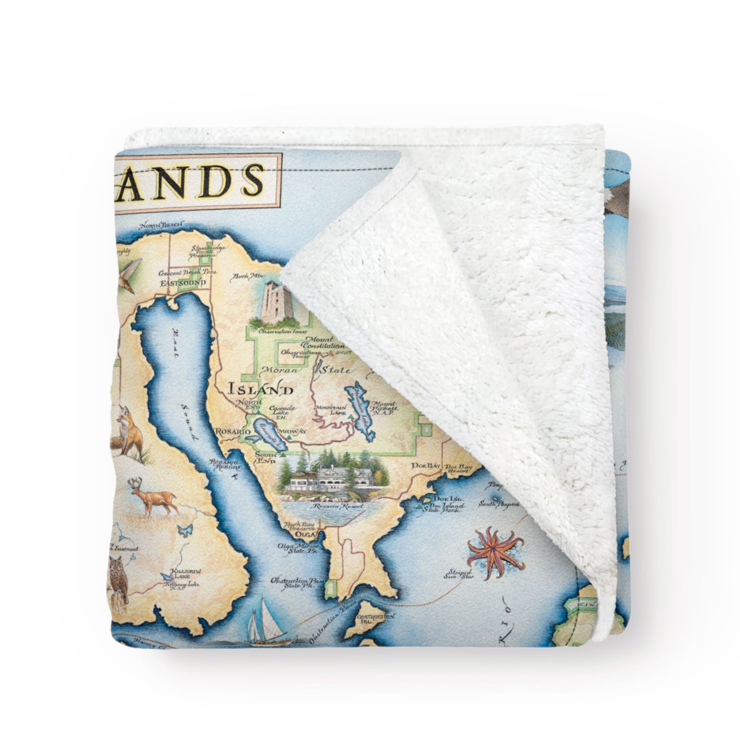 Beautiful, hand drawn and painted map of San Juan Islands on a cozy blanket.