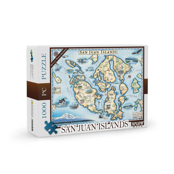 San Juan Islands Map Jigsaw Puzzle by Xplorer Maps. Features illustrations of places such as San Juan Vineyard, Turtleback Mountain Reserve, Liv Winery, and Roche Harbor. Flora and fauna include Orca Whale, Puffin, Herron, camas flower, and rhododendron.