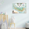 Sanibel & Captiva Islands hand-drawn map hanging in a child's room on a wall with stuff animals on the floor.
