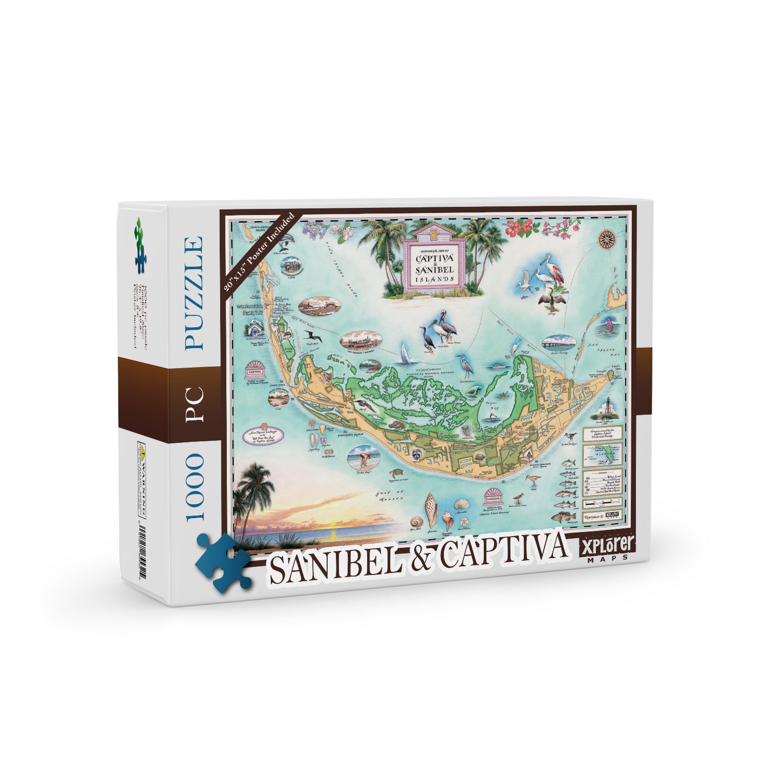 Florida's Sanibel & Captiva Islands Map Jigsaw Puzzle by Xplorer Maps. Features illustrations of places such as Ding Darling Wildlife Sanctuary, Bailey-Matthews Shell Museum, and Sanibel Lighthouse. Flora and fauna include the Loggerhead sea turtle, Manatee, and Great Blue Heron. Many other birds and sea animals are illustrated.