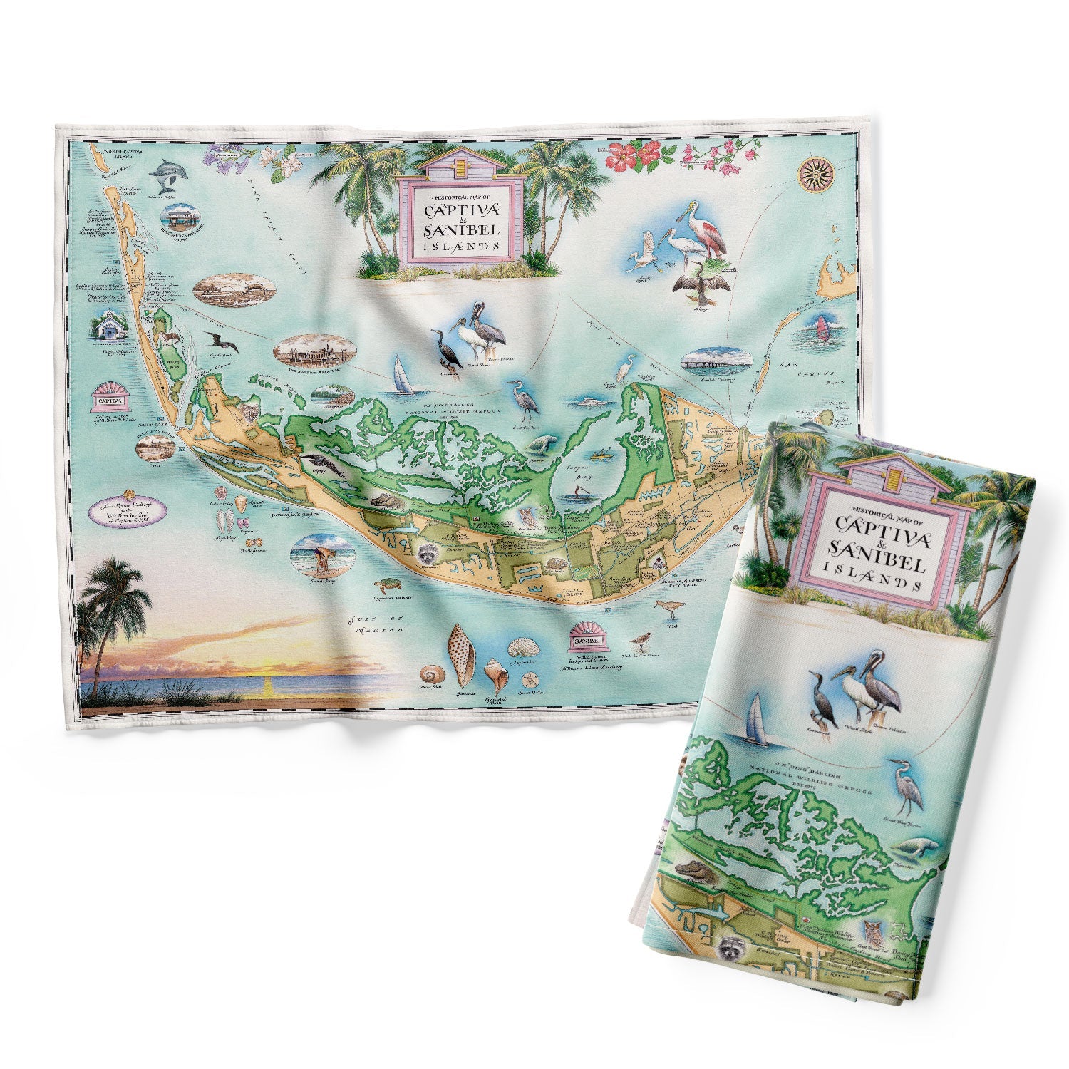 Sanibel and Captiva Islands map Kitchen Dishwashing Towel in blue, green, and beige earth tones. Features illustrations of places such as Ding Darling Wildlife Sanctuary, Bailey-Matthews Shell Museum, and Sanibel Lighthouse. Include the Loggerhead sea turtle, Manatee, and Great Blue Heron. Many other birds and sea animals are illustrated.