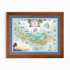 Sanibel & Captiva Islands hand-drawn map in earth tones blues and greens. The map print is framed in reclaimed Montana Flathead Lake Larch with a blue mat. 