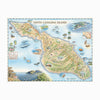 Santa Catalina Island hand-drawn map in blue and green. Located off the coast of California. The map features illustrations of places such as Wrigley Memorial, El Rancho Escondido, and Avalon Bay. Flora and fauna include Bison, Catalina Island Fox, Catalina Orange Lip butterfly, Channel Islands tree poppy, and Island oak. Map measures 24x18."