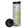 California’s Santa Catalina Island map 16 oz travel bottle in green and blue color. The map features illustrations of places such as Wrigley Memorial, El Rancho Escondido, and Avalon Bay. Flora and fauna include Bison, Catalina Island Fox, Catalina Orange Lip butterfly, Channel Islands tree poppy, and Island oak.