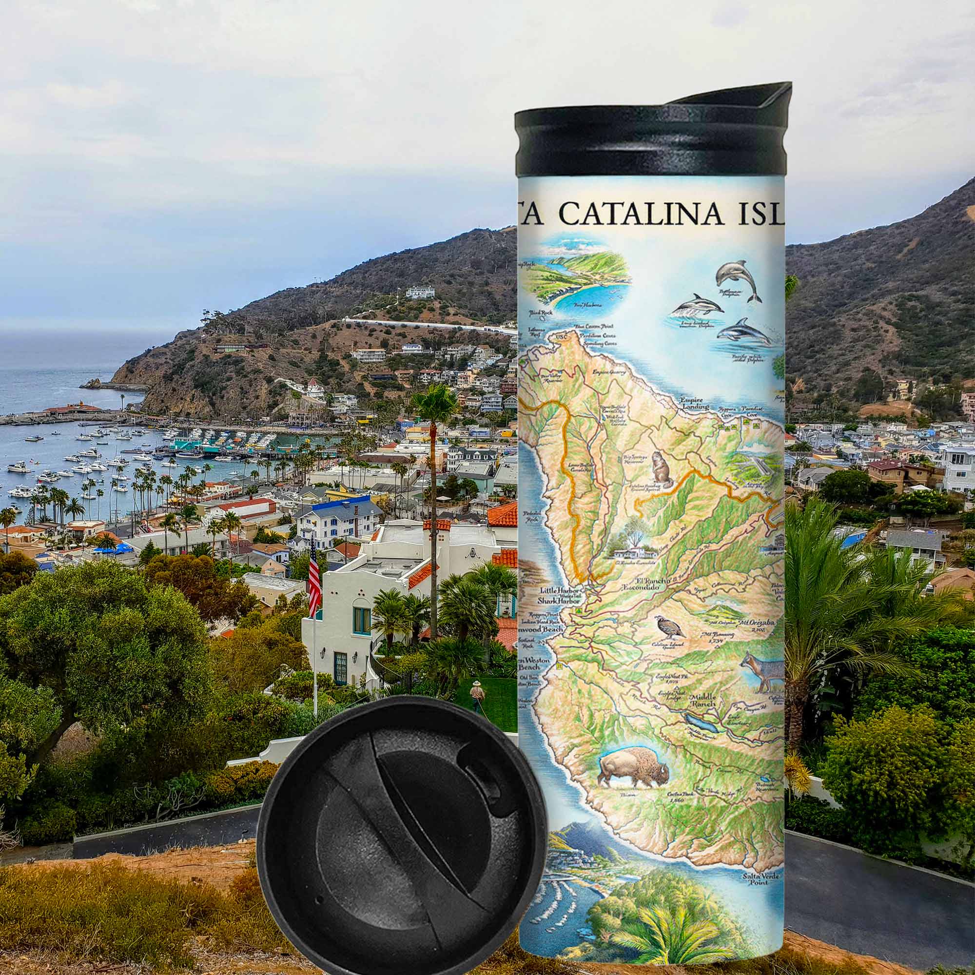 Santa Catalina Island Travel thermos mug with city and mountains in the background. The map features illustrations of places such as Wrigley Memorial, El Rancho Escondido, and Avalon Bay. Flora and fauna include Bison, Catalina Island Fox, Catalina Orange Lip butterfly, Channel Islands tree poppy, and Island oak.