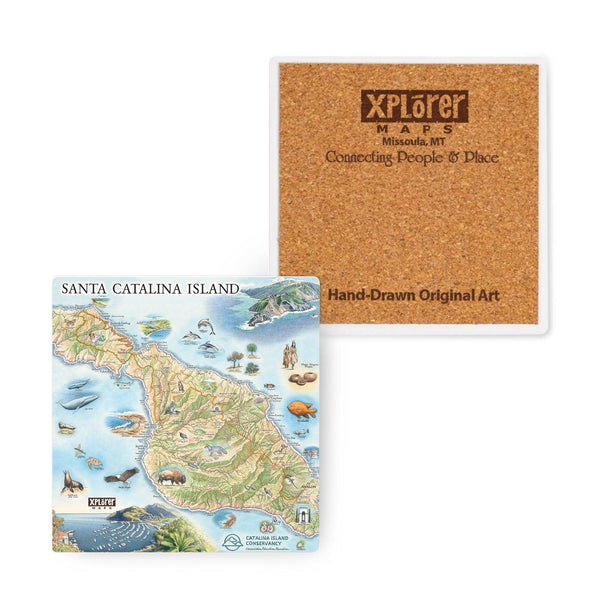 4"x4" California's Santa Catalina Island Map Ceramic Coasters by Xplorer Maps. The map features illustrations of places such as Wrigley Memorial, El Rancho Escondido, and Avalon Bay. Flora and fauna include Bison, Catalina Island Fox, Catalina Orange Lip butterfly, Channel Islands tree poppy, and Island oak. 