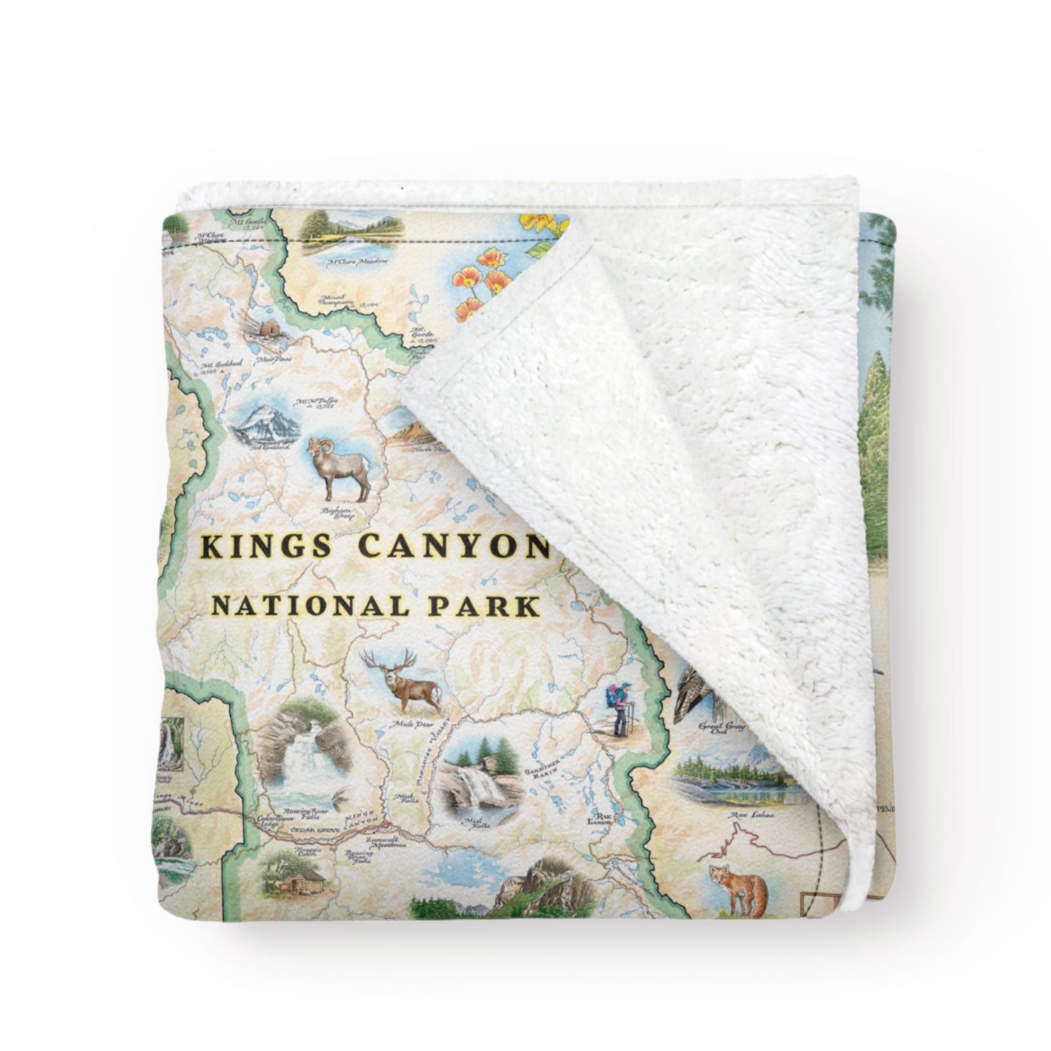 Colorful & artistic fleece blanket with map of Sequoia & Kings Canyon National Park map. Measures 58