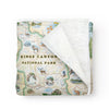 Colorful & artistic fleece blanket with map of Sequoia & Kings Canyon National Park map. Measures 58"x50."