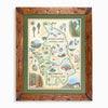 Sequoia & Kings Canyon National Parks hand-drawn map in earth tones blues and greens. The map print is framed in Montana hand-scraped pine with a green mat.