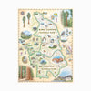 Sequoia & Kings Canyon National Parks hand-drawn map in earth tones beige and green. The map features illustrations of the Giant Forest, Mount Whitney, and the John Muir Lodge. Flora and fauna include, mule deer, red fox, Sierra Purple shooting star flowers, and California poppy. Map measures 18x24."
