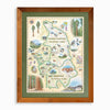 Sequoia & Kings Canyon National Parks hand-drawn map in earth tones blues and greens. The map print is framed in reclaimed Montana Flathead Lake Larch with a green mat.