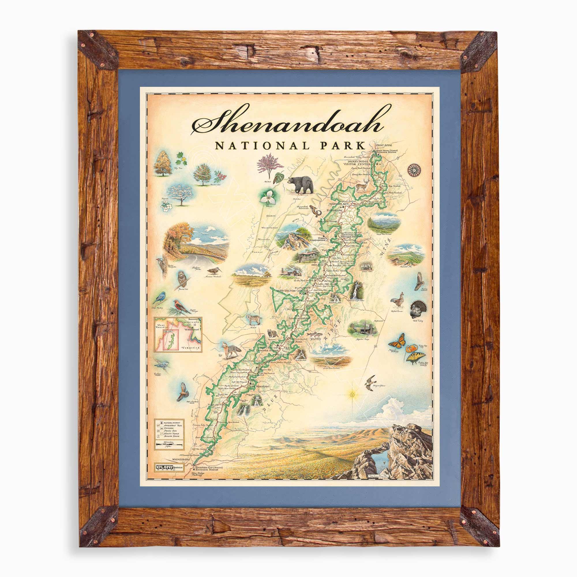 Shenandoah National Park hand-drawn map in earth tones blues and greens. The map print is framed in Montana hand-scraped pine with a blue mat.