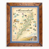 Shenandoah National Park hand-drawn map in earth tones blues and greens. The map print is framed in Montana hand-scraped pine with a blue mat.