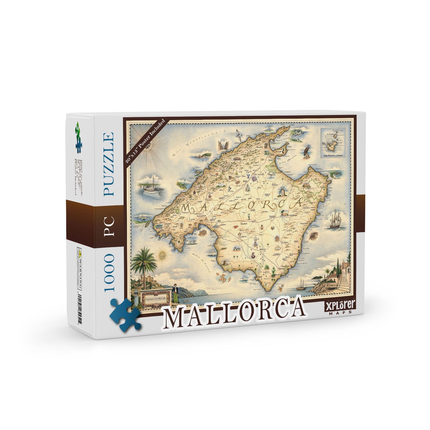 Spain's Mallorca Island Map Jigsaw Puzzle by Xplorer Maps. Includes illustrations of Capital Palma, Moorish Almudaina royal palace, and 13th-century Santa María Cathedral. Flora & Fauna including birds, fish, Palm Trees, and Starfish.