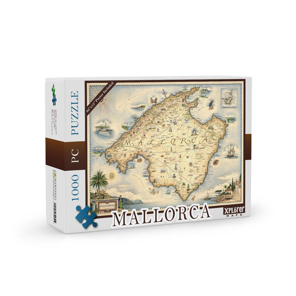Spain's Mallorca Island Map Jigsaw Puzzle by Xplorer Maps.  Includes illustrations of Capital Palma, Moorish Almudaina royal palace, and 13th-century Santa María Cathedral. Flora & Fauna including birds, fish, Palm Trees, and Starfish.