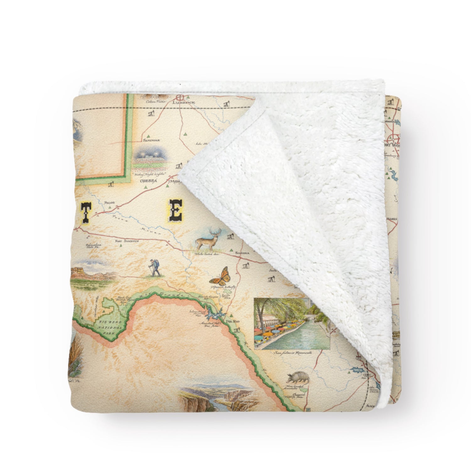 Texas state map on a fleece blanket. Artistic, full-color map. Measures 58
