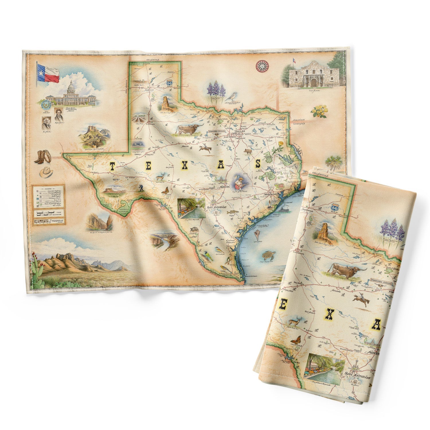 Texas State Map Kitchen Towels in earth tones brown and beige. The map features illustrations of places such as the Alamo, San Antonio Riverwalk, and Guadalupe National Park. Flora and fauna include venus flytraps, longhorns, Monarch butterflies, and armadillos.