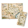 Texas State Map Kitchen Towels in earth tones brown and beige. The map features illustrations of places such as the Alamo, San Antonio Riverwalk, and Guadalupe National Park. Flora and fauna include venus flytraps, longhorns, Monarch butterflies, and armadillos.