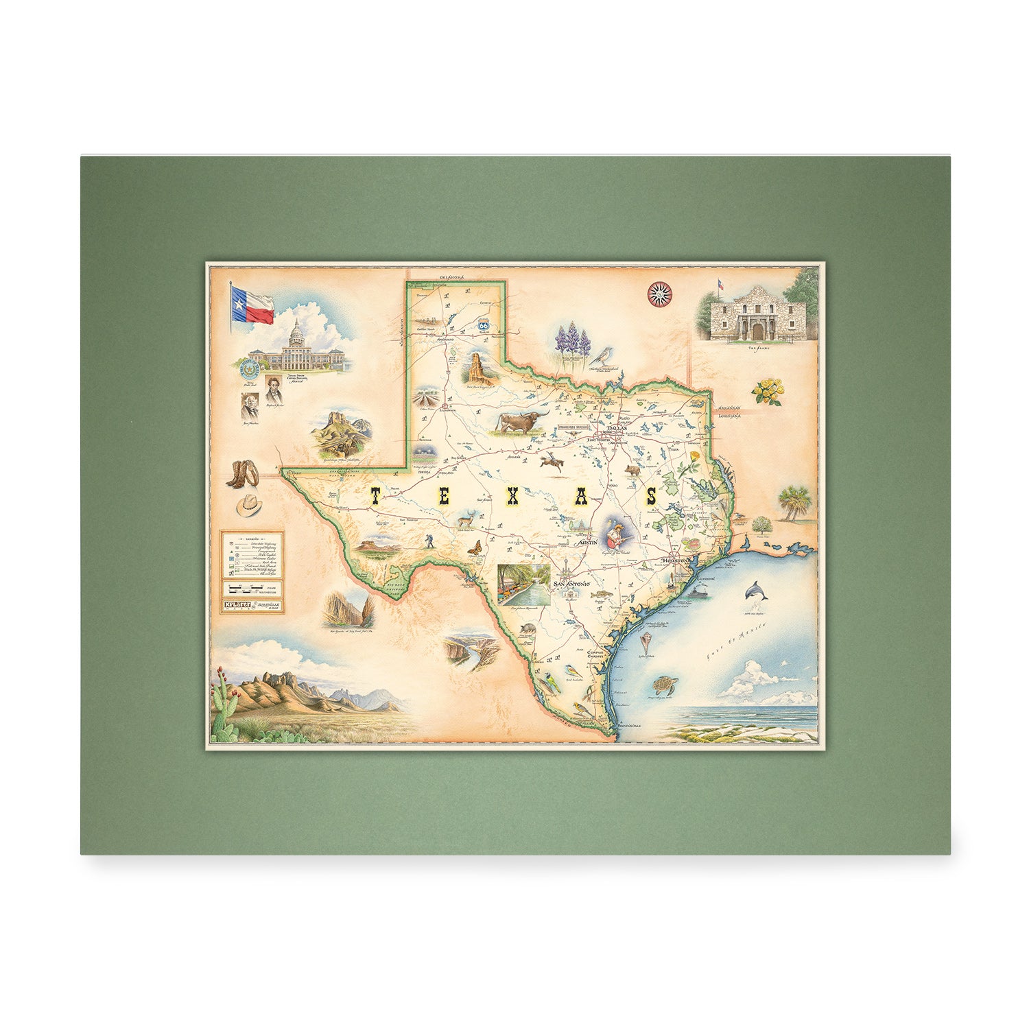 Texas State Mini-Map by Xplorer Maps in earth tones of brown and beige. The map features illustrations of places such as the Alamo, San Antonio Riverwalk, and Guadalupe National Park. Flora and fauna include a Venus flytrap, longhorns, a Monarch butterfly, and an armadillo.