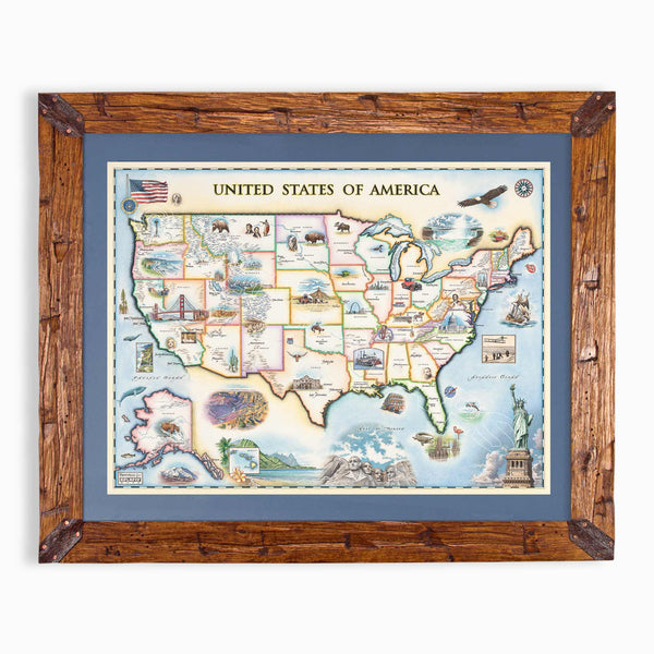 USA hand-drawn map in earth tones blues and greens. The map print is framed in Montana hand-scraped pine with a blue mat.