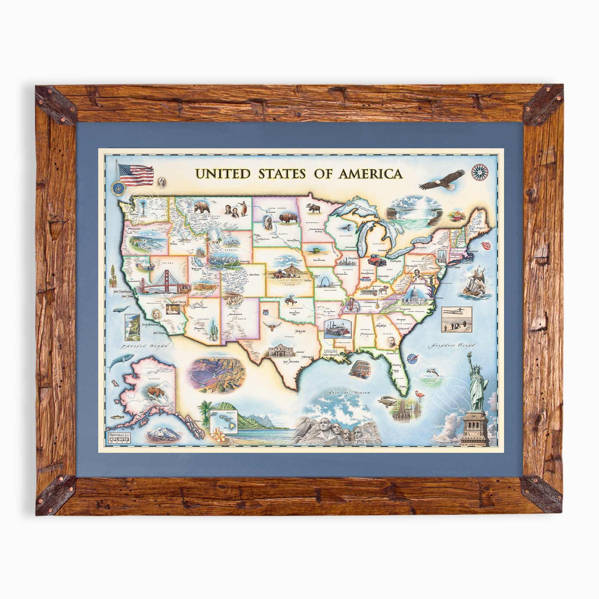 USA hand-drawn map in earth tones blues and greens. The map print is framed in Montana hand-scraped pine with a blue mat.