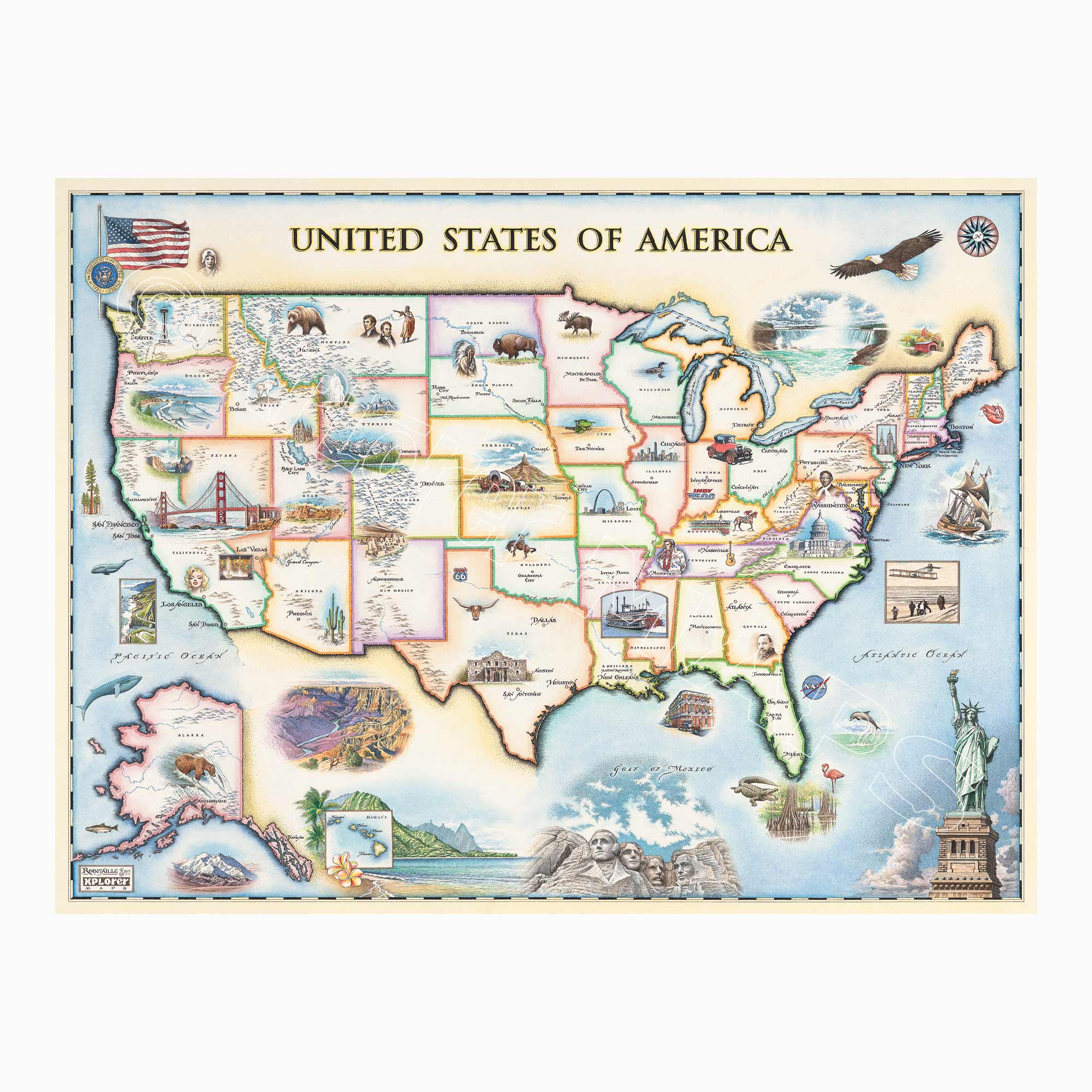 USA hand-drawn map in blue, beige, pink, and purple. The map features illustrations of significance from each state in the United States of America. Including a bald eagle, Elvis, bison, the Golden Gate bridge, the Space Needle, Niagara Falls, and the Alamo. Measures 24x18.