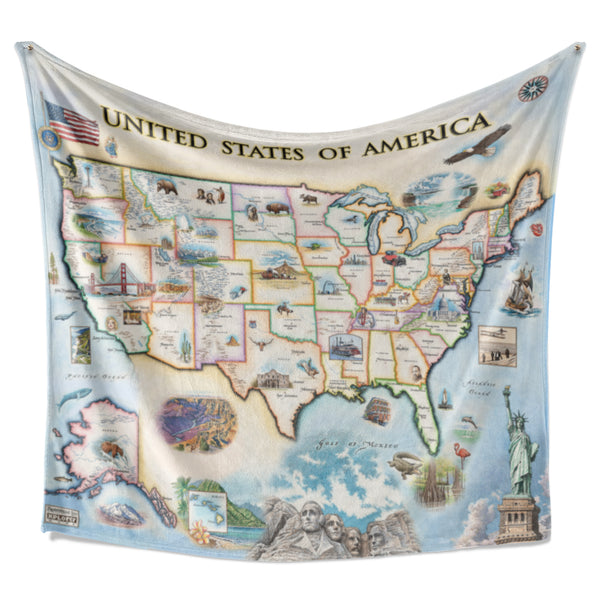 Hanging fleece blanket with map of the USA.