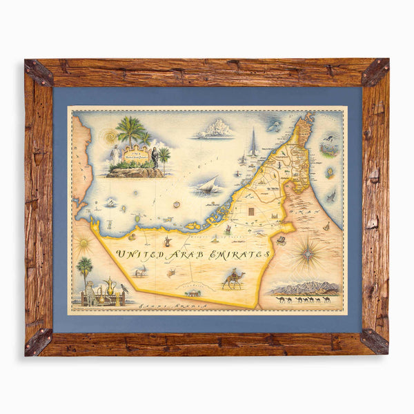 The United Arab Emirates hand-drawn map in earth tones blues and greens. The map print is framed in Montana hand-scraped pine with a blue mat.