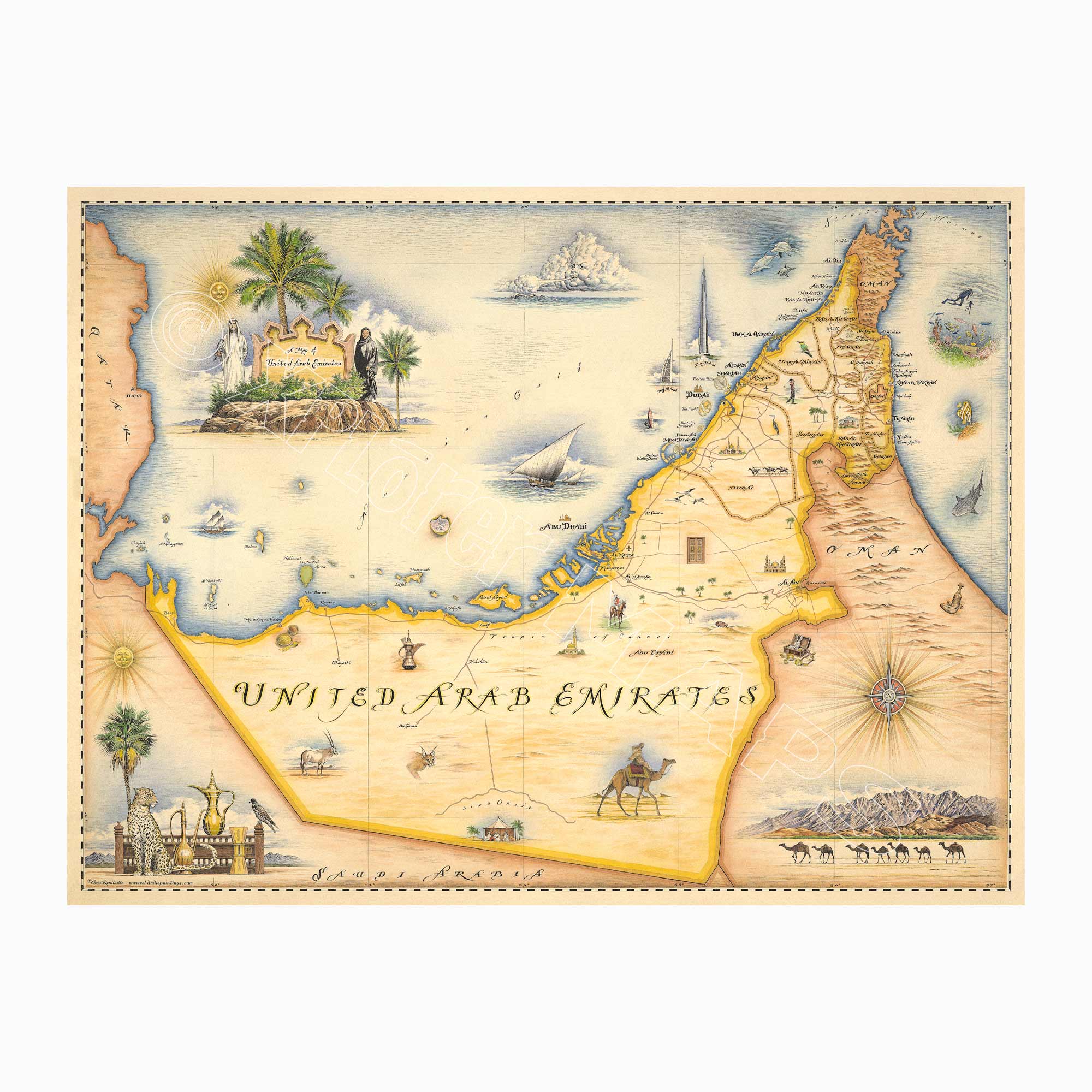 The United Arab Emirates hand-drawn map in earth tones beige and yellow. The map includes illustrations of Abu Dhabi, Dubai, and Oman. Measures 24x18.