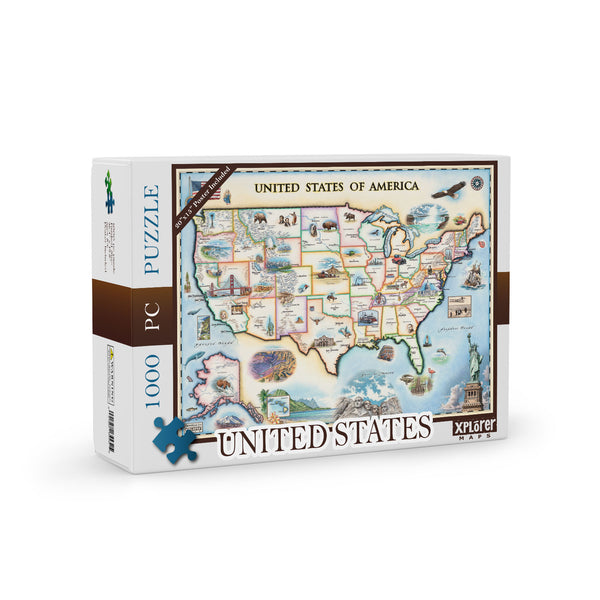 USA Map Jigsaw Puzzle by Xplorer Maps. Features illustrations of significance from each state in the United States of America. Including a bald eagle, Elvis, bison, the Golden Gate Bridge, the Space Needle, Niagra Falls, and the Alamo. 