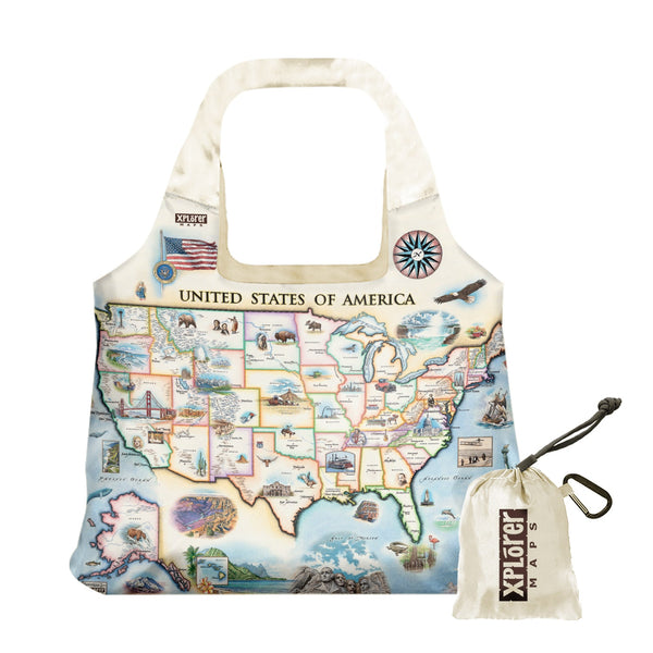 United State of America Map Pouch Tote Bags by Xplorer Maps. The map features illustrations of significance from each state in the United States of America. Including a bald eagle, Elvis, bison, the Golden Gate Bridge, the Space Needle, Niagara Falls, and the Alamo. 