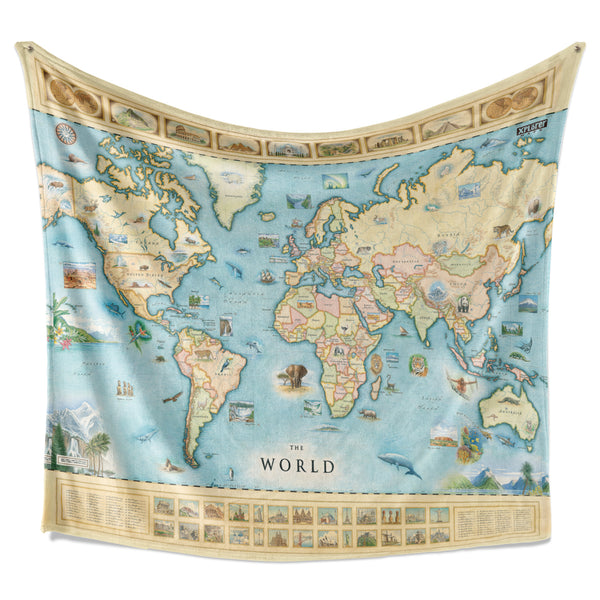 Hanging fleece blanket with map of the World on it.