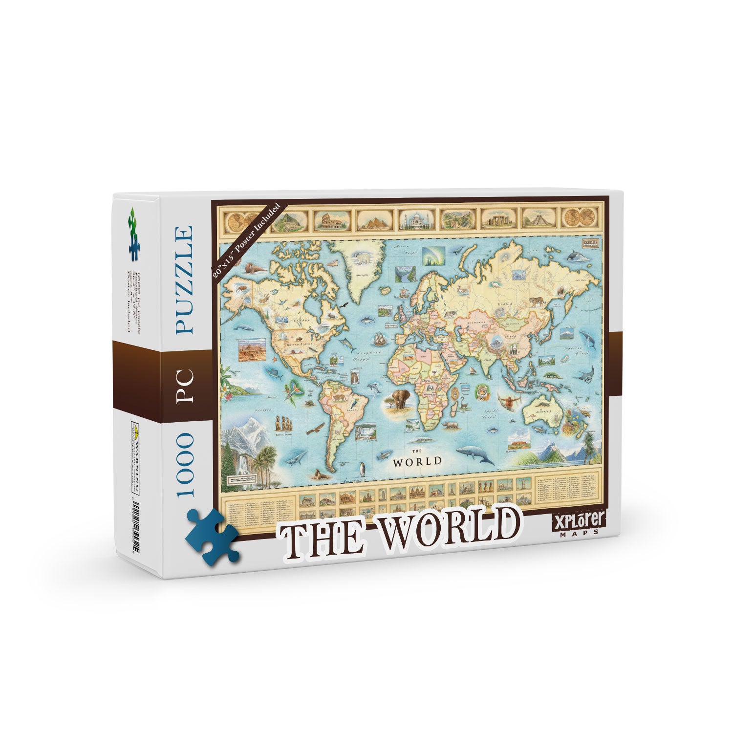 World Map Jigsaw Puzzle by Xplorer Maps. features the entire world with illustrations of significant places and major flora and fauna. Some places include Machu Pichu, the Eiffel Tower, Mount Everest, and Easter Island.