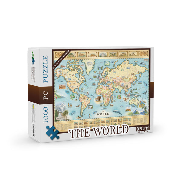 World Map Jigsaw Puzzle by Xplorer Maps. features the entire world with illustrations of significant places and major flora and fauna. Some places include Machu Pichu, the Eiffel Tower, Mount Everest, and Easter Island.