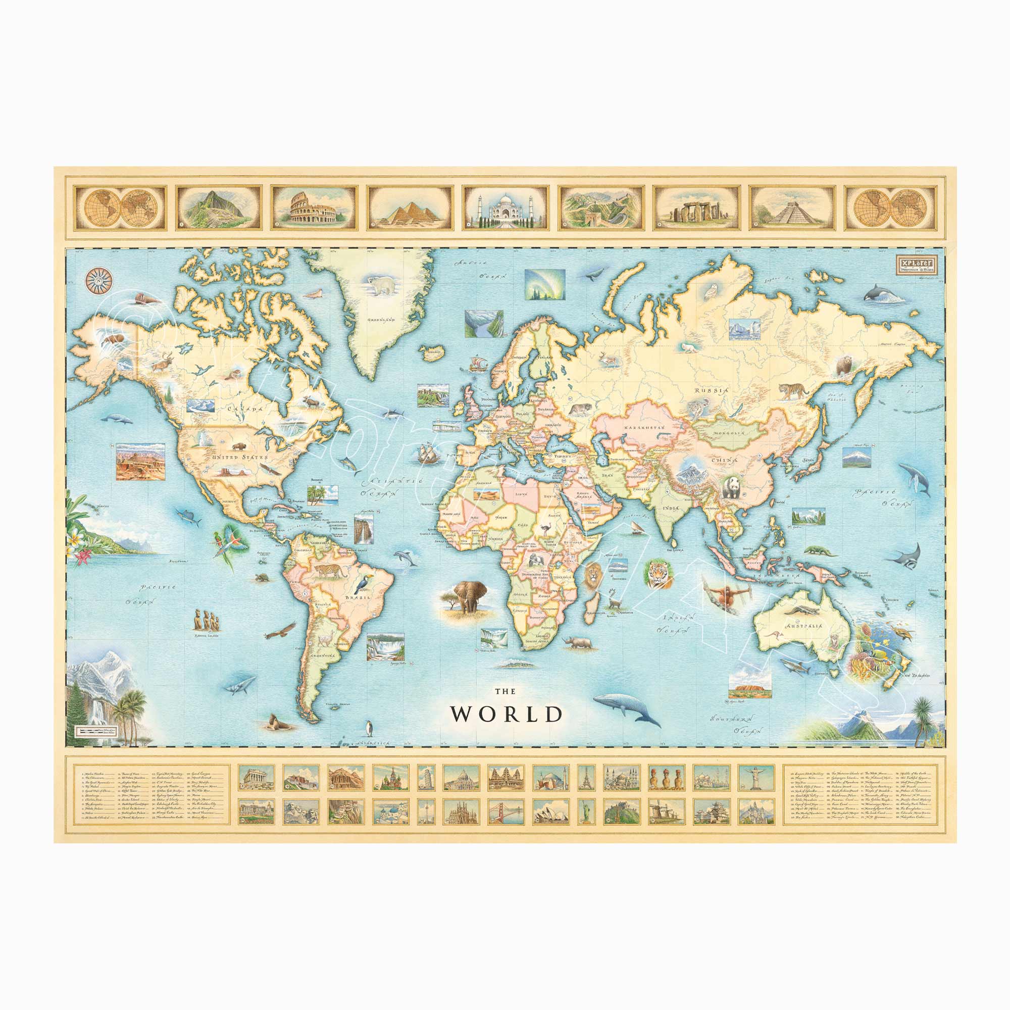 World hand-drawn map in earth tones of beige, blue, and green. The map features the entire world with illustrations of significant places and major flora and fauna. Some places include Machu Pichu, the Eiffel tower, Mount Everest, and Easter Island. Measures 32x24.
