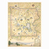 Yellowstone National Park Hand-Drawn Map in earth tones beige and yellow. The map features illustrations of places such as Yellowstone Lake, Old Faithful, and Roosevelt Tower. Flora and fauna include mountain lion, wolf, grizzly bear, fireweed, and lupine. Measures 18x24."