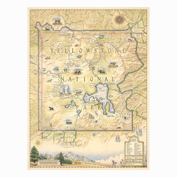 Yellowstone National Park Hand-Drawn Map in earth tones beige and yellow. The map features illustrations of places such as Yellowstone Lake, Old Faithful, and Roosevelt Tower. Flora and fauna include mountain lion, wolf, grizzly bear, fireweed, and lupine. Measures 18x24."