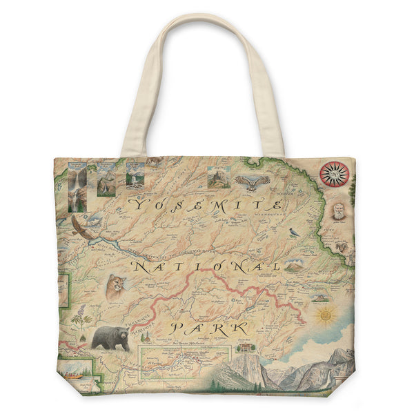 Yosemite National Park Map Canvas Tote Bags by Xplorer Maps. The map features illustrations of places such as Vernall Falls, El Capitan, and Half Dome. Flora and fauna include mule deer, Indian paintbrush, grey owl, and coyote. Other illustrations include John Muir, mountain climbing, hiking, and Ansel Adams. 