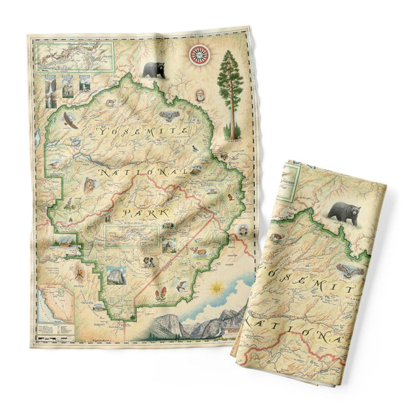 Yosemite National Park Map Kitchen Towels in earth tones beige and green feature illustrations of places such as Vernall falls, El Capitan, and Half Dome. Flora and fauna include mule deer, paintbrush, grey owl, and coyote. Other illustrations include John Muir, mountain climbing, hiking, and Ansel Adams.
