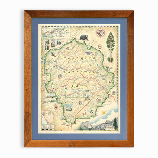 Yosemite National Park hand-drawn map in earth tones blues and greens. The map print is framed in reclaimed Montana Flathead Lake Larch with a blue mat. 