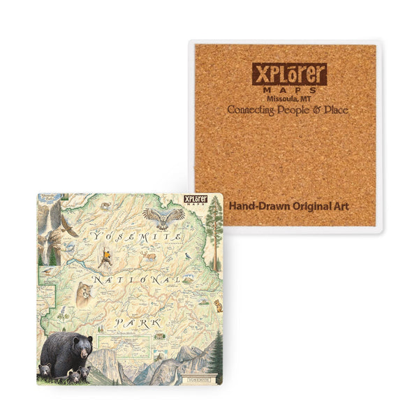 4"x4" Yosemite National Park Map Ceramic Coasters by Xplorer Maps. The map features illustrations of places such as Vernall Falls, El Capitan, and Half Dome. Flora and fauna include mule deer, Indian paintbrush, grey owl, coyote, and a black bear with her cubs. Other illustrations include John Muir, mountain climbing, hiking, and Ansel Adams. 